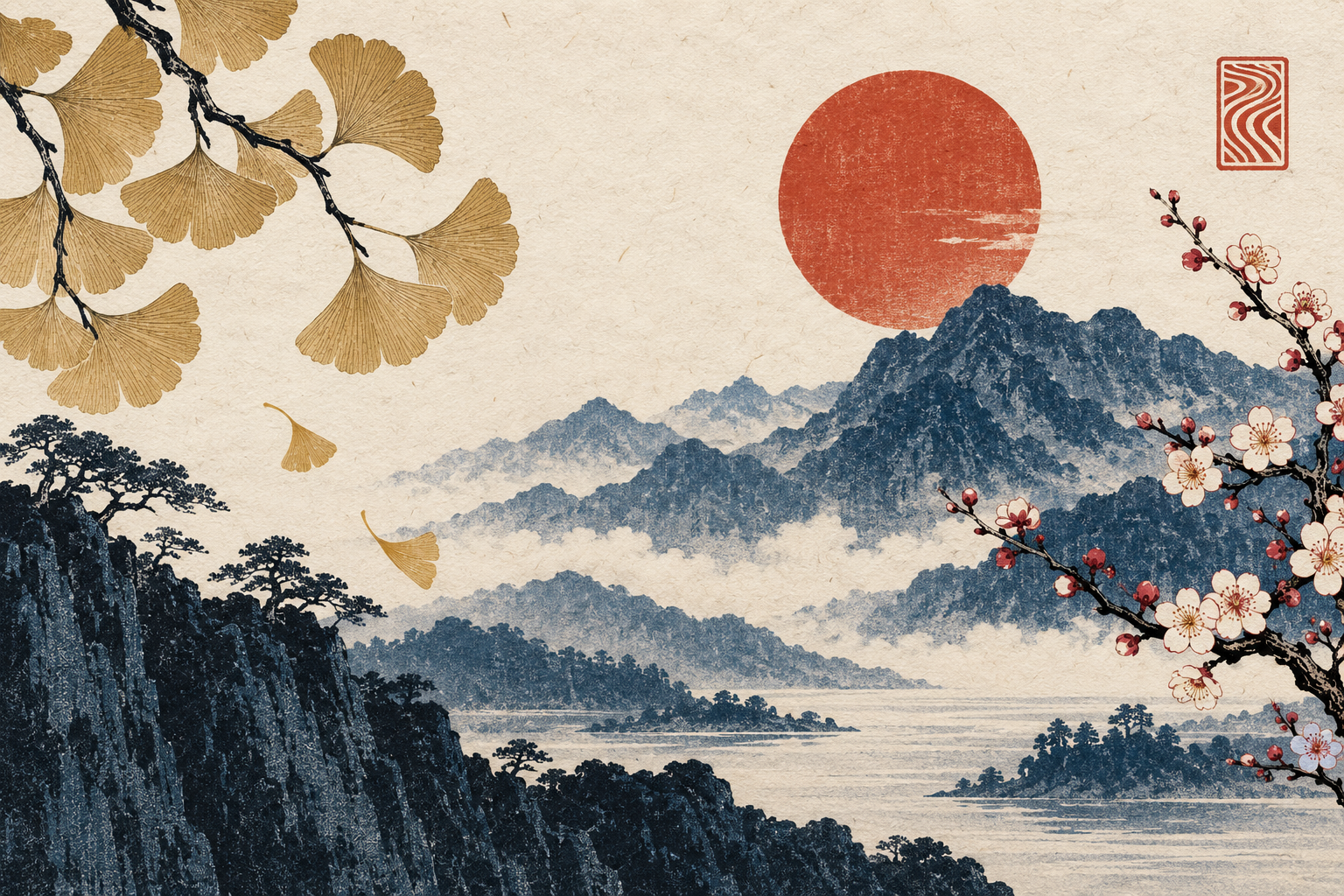 Indigo mountains and botanicals on paper