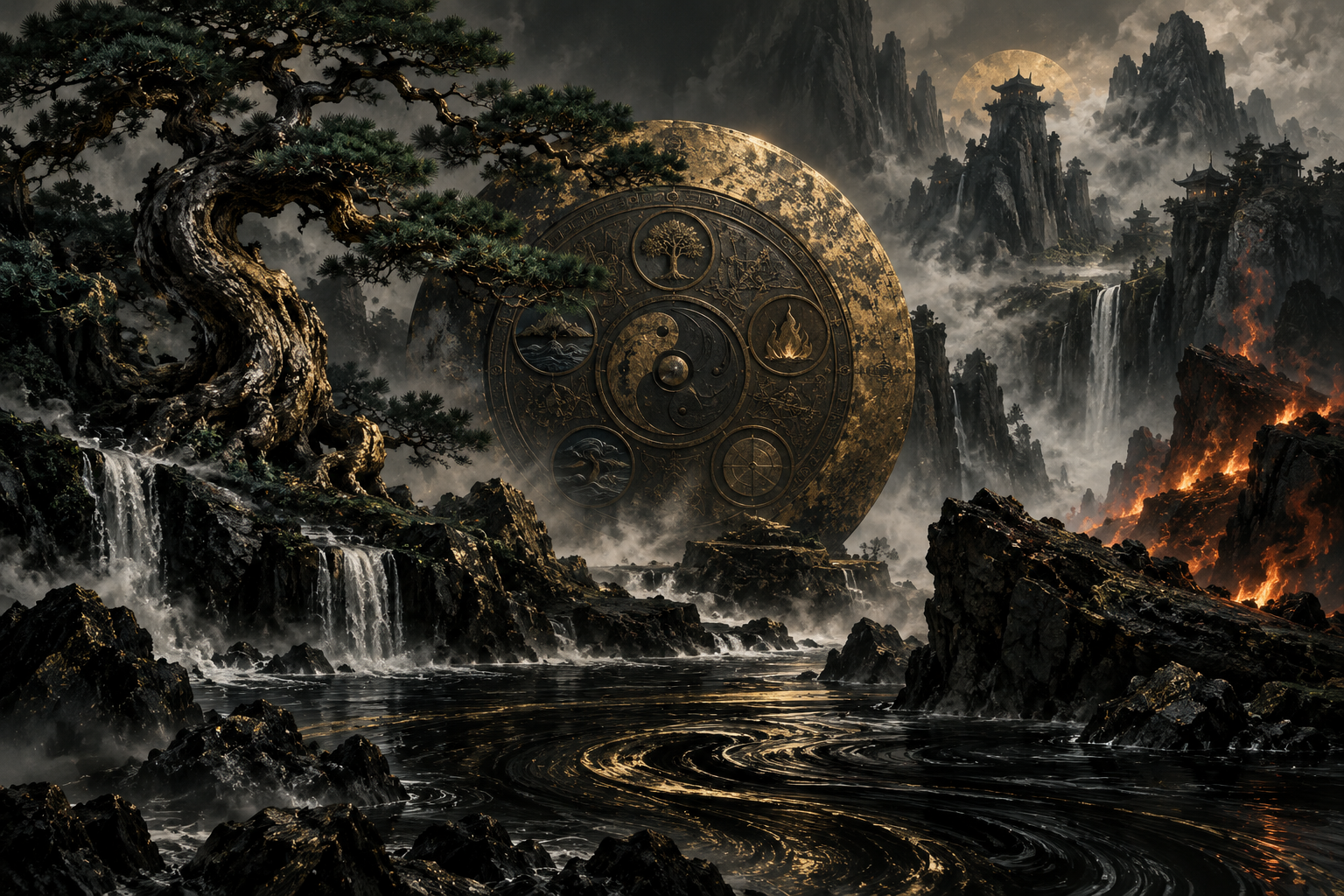 Bronze disc, pine, water, fire and mountains