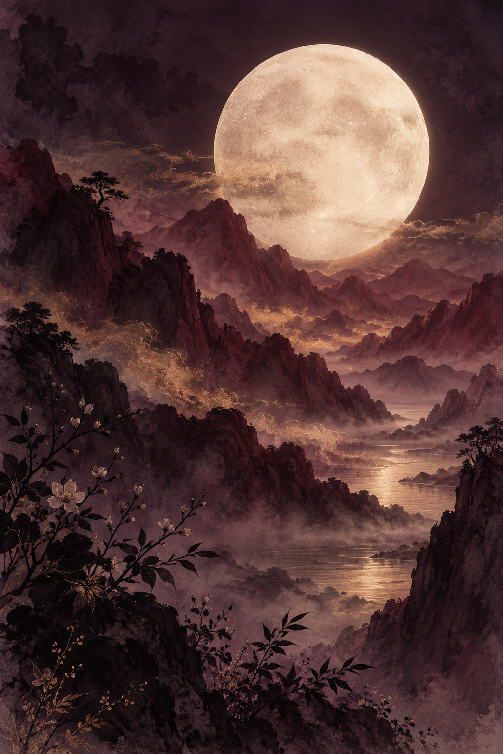 A pearl moon rising over plum-coloured Chinese ink mountains